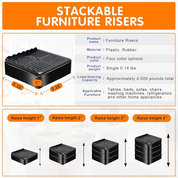 Furniture Risers Heavy Duty Adjustable Bed Risers Blocks Lift 4, 2 inches - Image 2