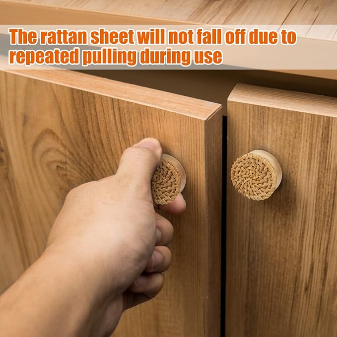 ANPHSIN 12 Pack Boho Wood Dresser Drawer Knobs- Handmade Rattan Woven Cabinet - Image 4