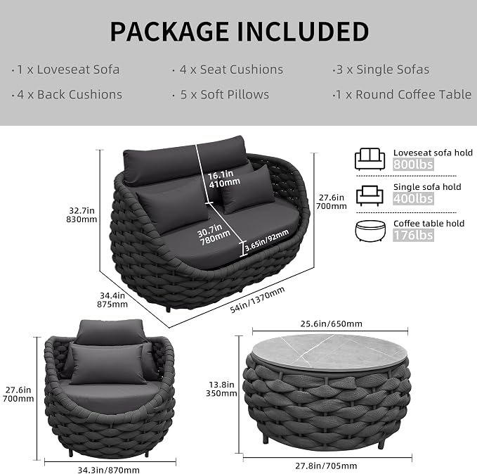 TWT 5 Pieces Patio Furniture Set, Outdoor Rope Conversation Sectional Patio Sofa - Image 3
