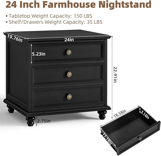 Joaxswe 24" Wide Farmhouse Night Stand, Large End Table - Image 2