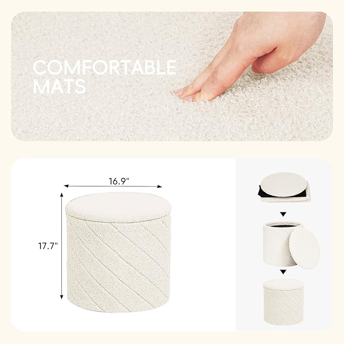 PINPLUS Ottoman with Stroage Round Boucle Ottoman and Tray Sherpa Removable - Image 3