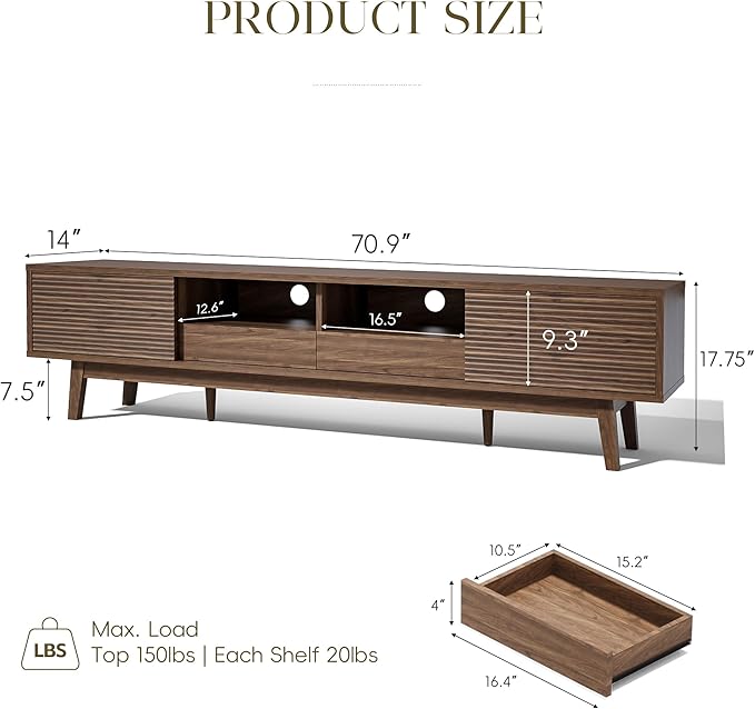 MU 70 Inch TV Stand for TVs up to 80 Inch, Mid Century Modern TV Console - Image 2