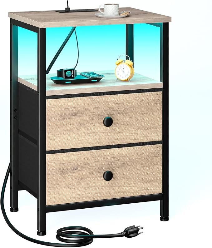 LOAKEKEL Night Stand with Charging Station and LED, Bedside Table with USB by LOAKEKEL