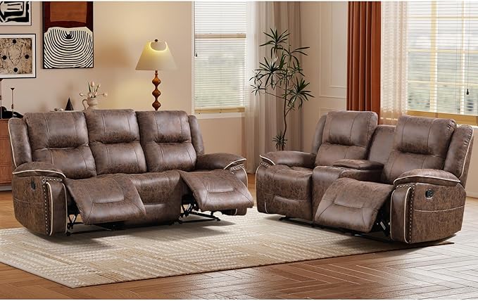 EBELLO Manual Recliner Sofa Set, Faux Leather Reclining Loveseat and 3 Seater by EBELLO