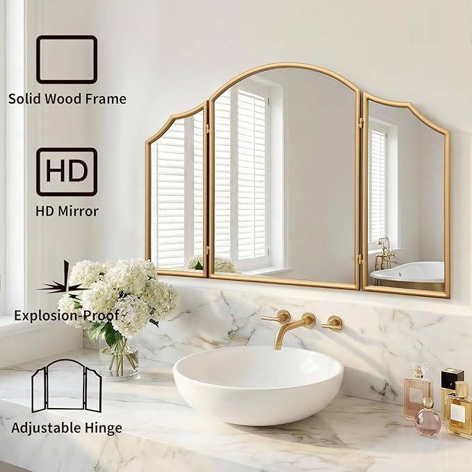 Besdomus Gold Scalloped Vanity Mirror: 36"x24" Large Modern Three Sided Dresser - Image 3
