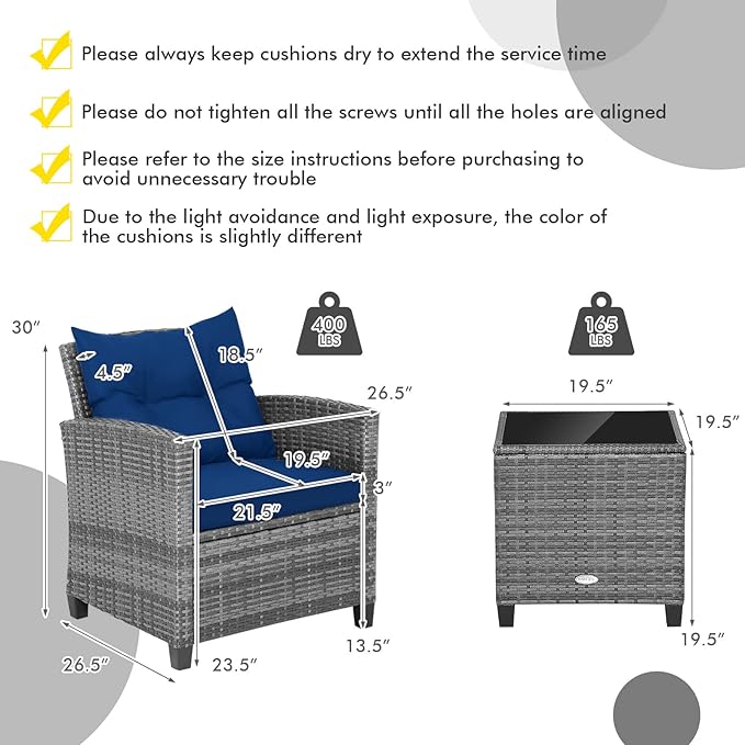 HAPPYGRILL 3 Pieces Patio Conversation Set, Outdoor Furniture Set PE Rattan - Image 7