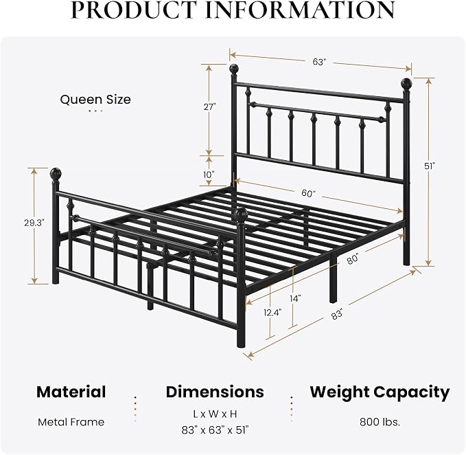 SHA CERLIN 14" Queen Size Metal Platform Bed Frame/Victorian Headboard and - Image 2
