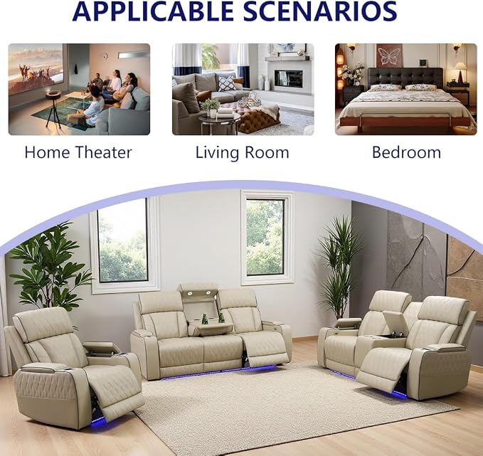 Power Recliner Sofa Couch with LED, Breathing Leather Reclining Couch, Living - Image 8