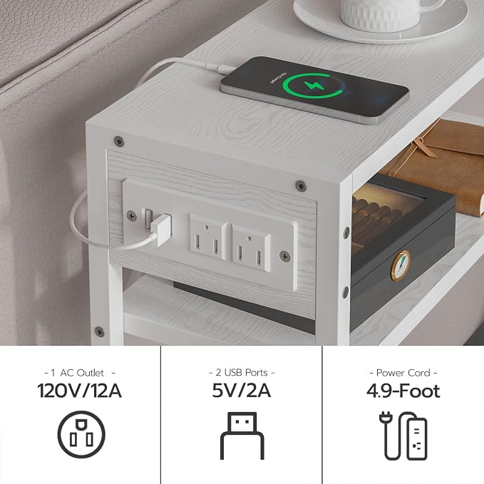 Leomonio White Side Table with Charging Station, Slim End Tables with Linen - Image 6