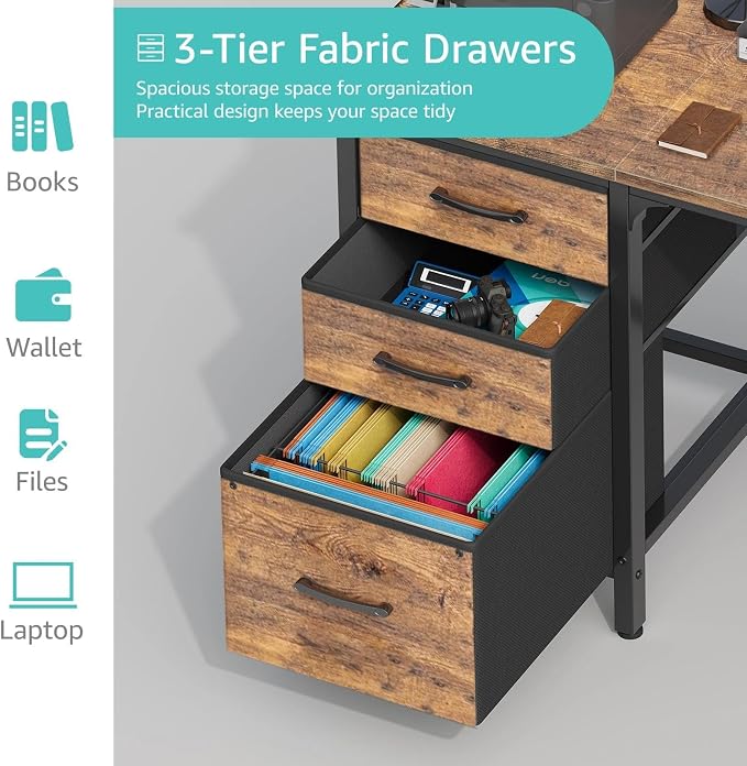 Lufeiya Computer Desk with Fabric File Drawers Cabinet, 55 Inch Reversible Home - Image 6