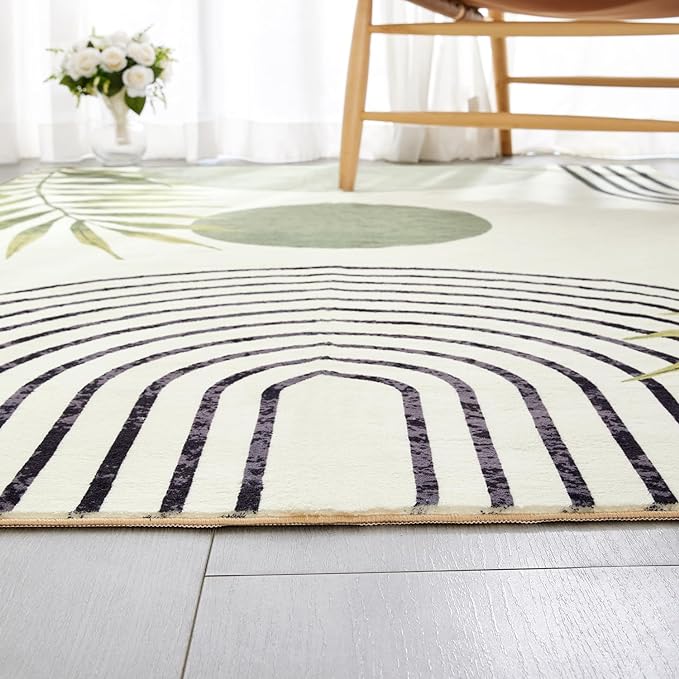 RoomTalks Mid Century Modern Washable Rug, Abstract Tropical Leaves Thin Shaggy - Image 4