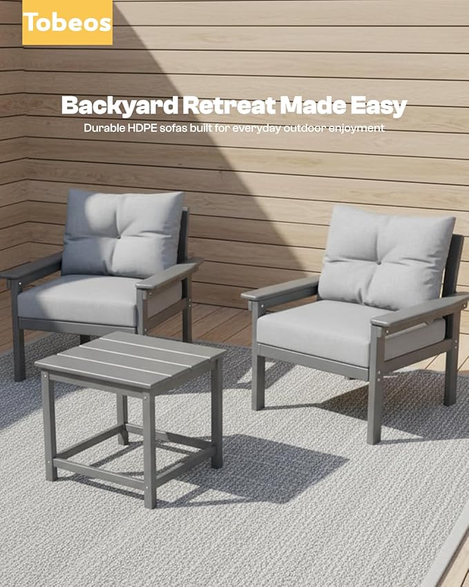 HDPE 3 Piece Patio Furniture Set, All-Weather Outdoor Couch Bistro Set - Image 7