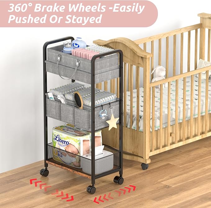 LIDTOP 2In1 Baby Diaper Caddy & 3-Tier Rolling Diaper Cart, Diaper Caddy - Image 7