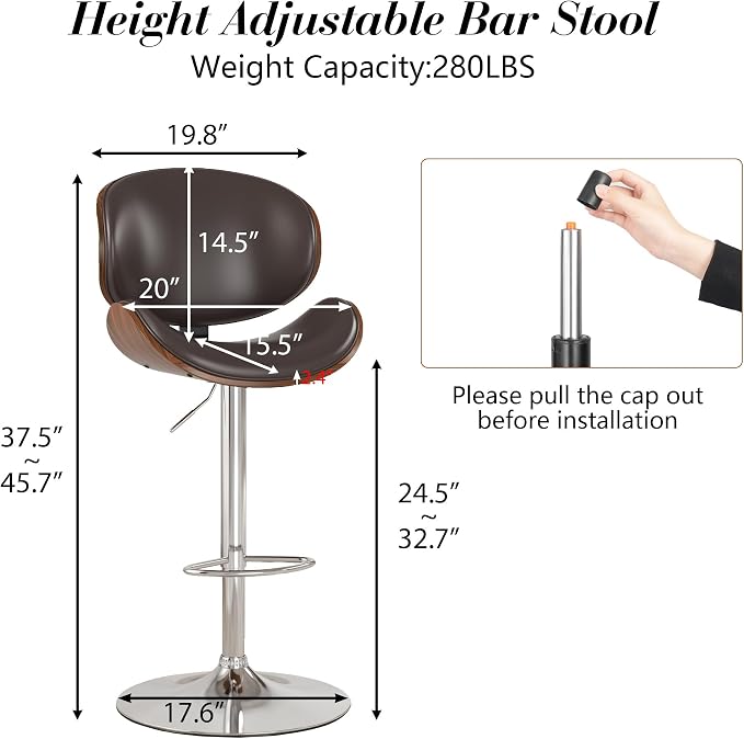 KCC Bar Stools Set of 6, Swivel Adjustable Height Barstools, PU Leather - Image 3