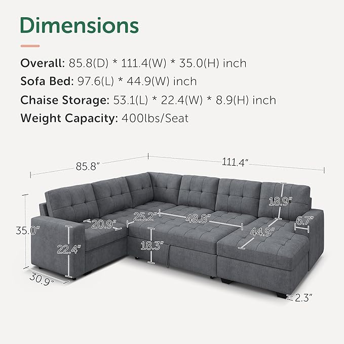 HONBAY Sectional Sleeper Sofa, Sleeper Sofa Couch - Image 2