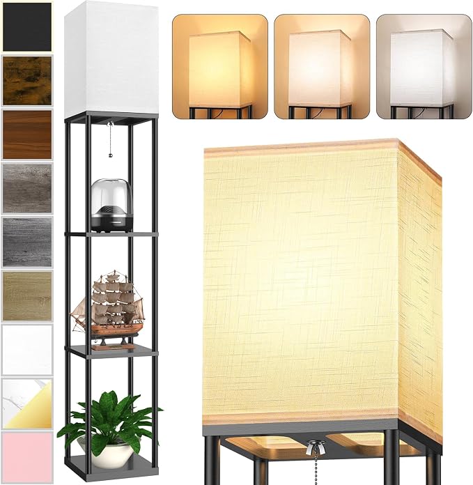 Floor Lamp with Shelves for Living Room, Shelf Floor Lamp with 3 CCT LED Bulb by PARTPHONER