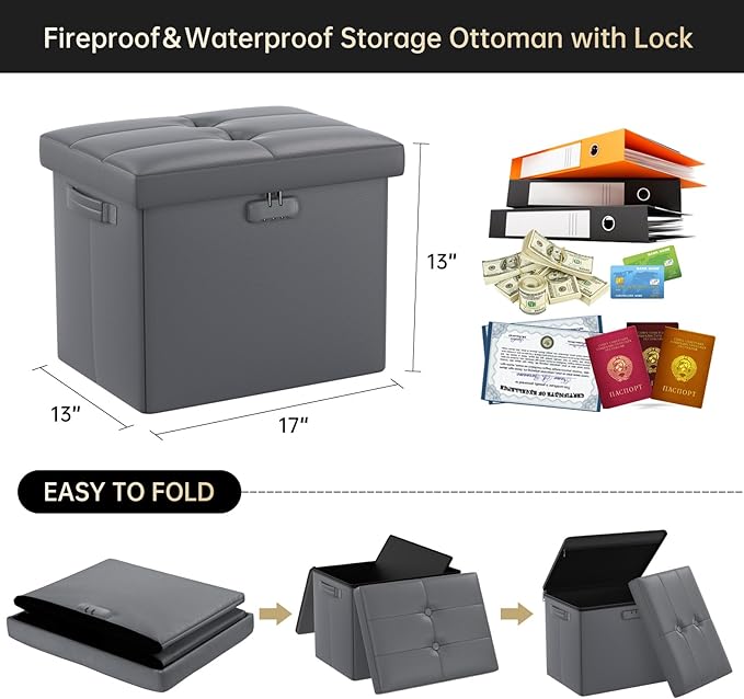 DocSafe Storage Ottoman with Lock, Fireproof Folding Ottoman Foot Rest Stool - Image 3