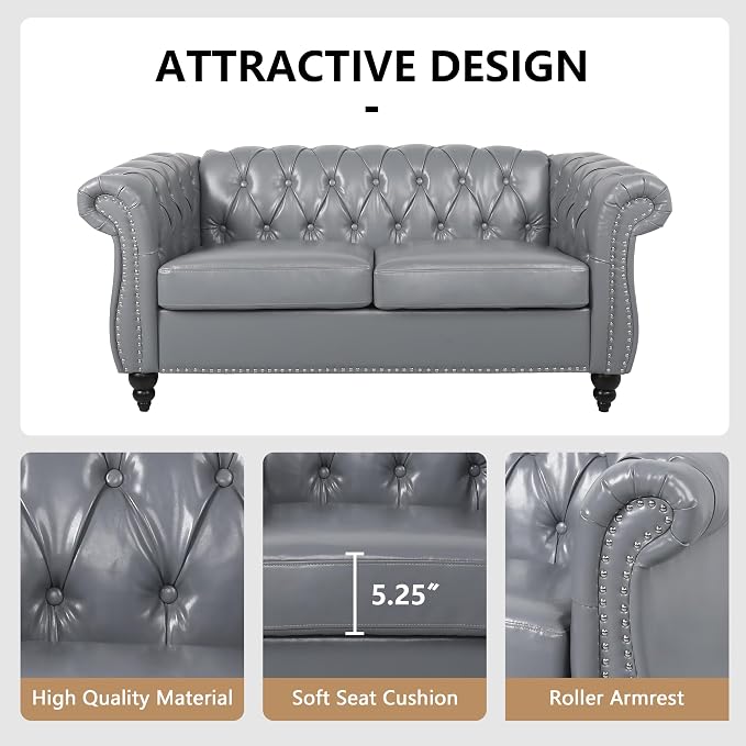 AVZEAR Chesterfield Loveseat, Mid-Century PU Upholstered Loveseat Sofa Modern 2 - Image 5