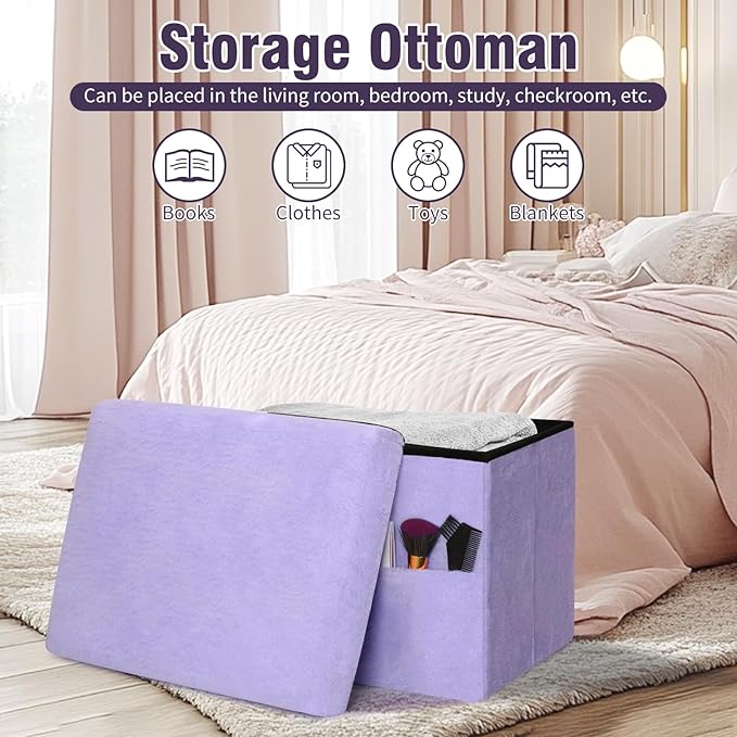 Small Ottoman with Storage, Folding Soft Fur Storage Foot Rest Stool with - Image 3