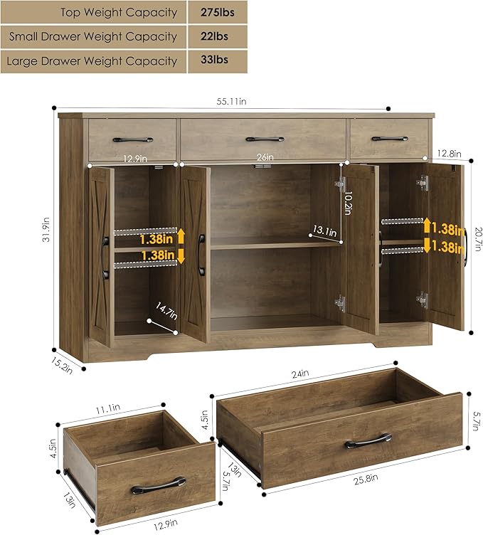 HOSTACK Buffet Sideboard Cabinet - Image 3