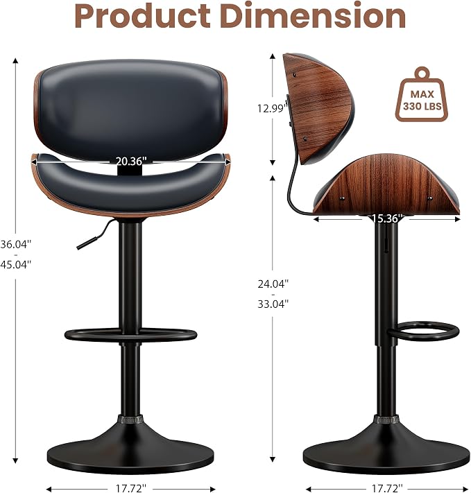YaFiti Bar Stools Set of 4, Bentwood Adjustable Height Swivel Bar Stools - Image 2