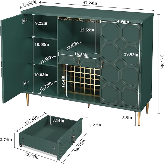 Modern Bar Cabinet with Drawer, Liquor Cabinet with Wine Glass Racks and Shelves - Image 2