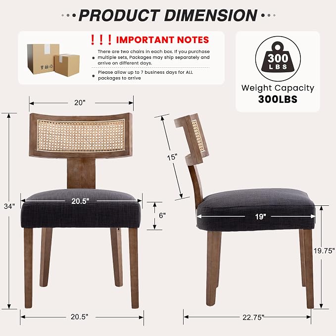 HNY Mid Century Modern Rattan Dining Chairs Set of 2, Farmhouse Linen - Image 2