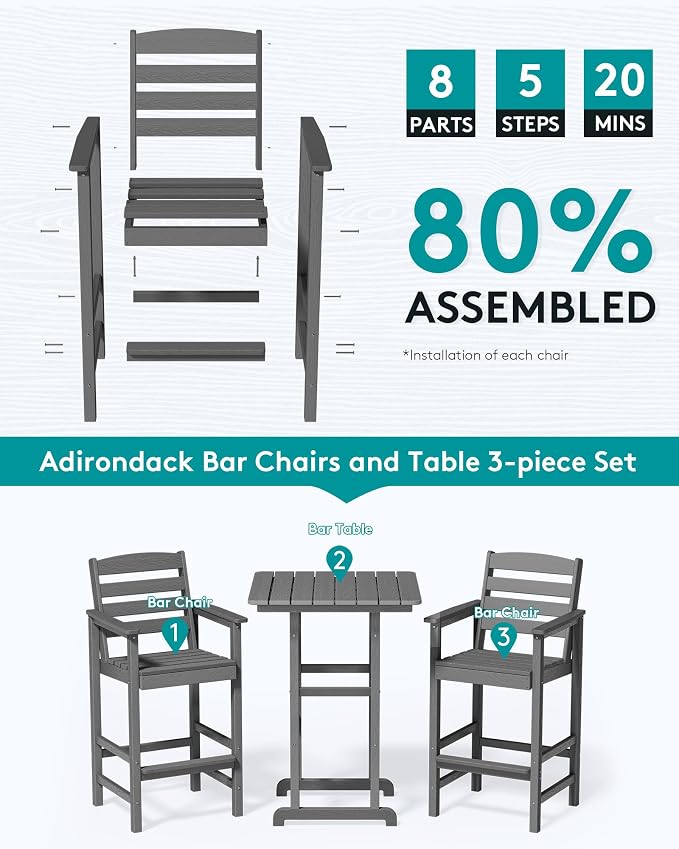 SERWALL Balcony Adirondack Chairs and Table 3 Pieces Set, Adirondack Bar Height - Image 5