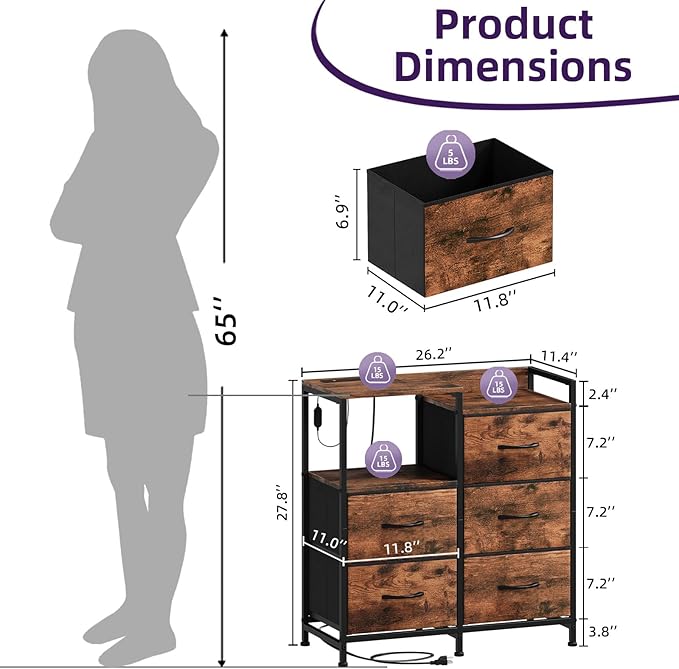 Somdot Nightstand with Charging Station and LED Light, Wide 5 Drawers Dresser - Image 3
