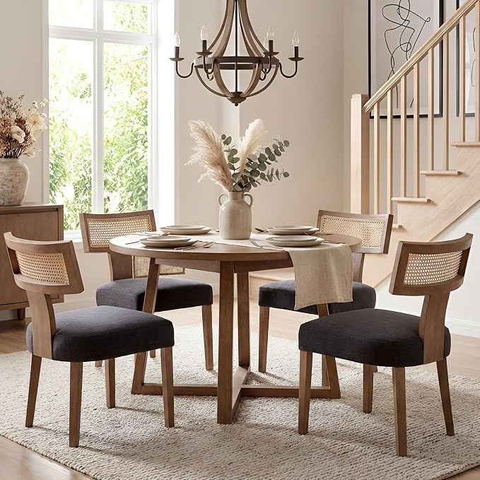 HNY Mid Century Modern Rattan Dining Chairs Set of 4, Farmhouse Linen by HNY