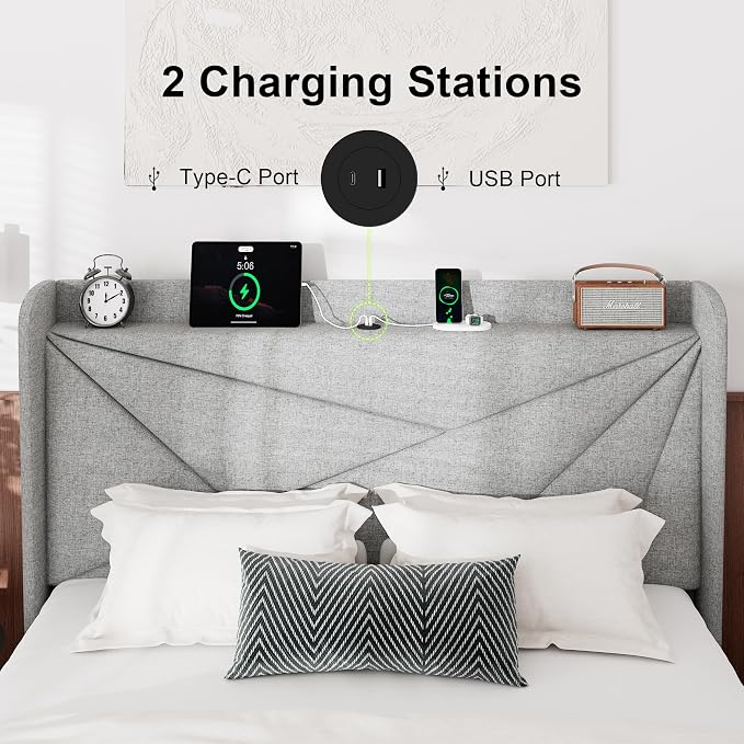 Feonase Queen Bed Frame with Charging Station, Linen Upholstered Platform - Image 3