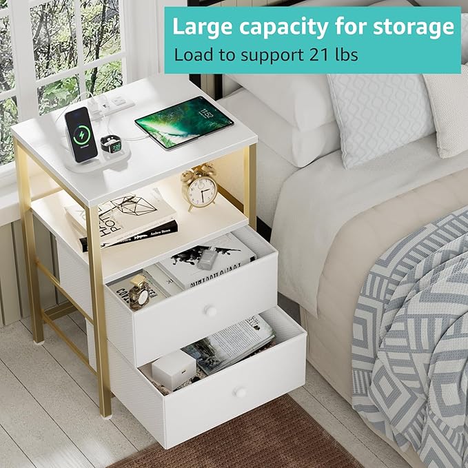 BOLUO Nightstand with Charging Station, LED Night Stand with 2 Fabric Drawers - Image 5