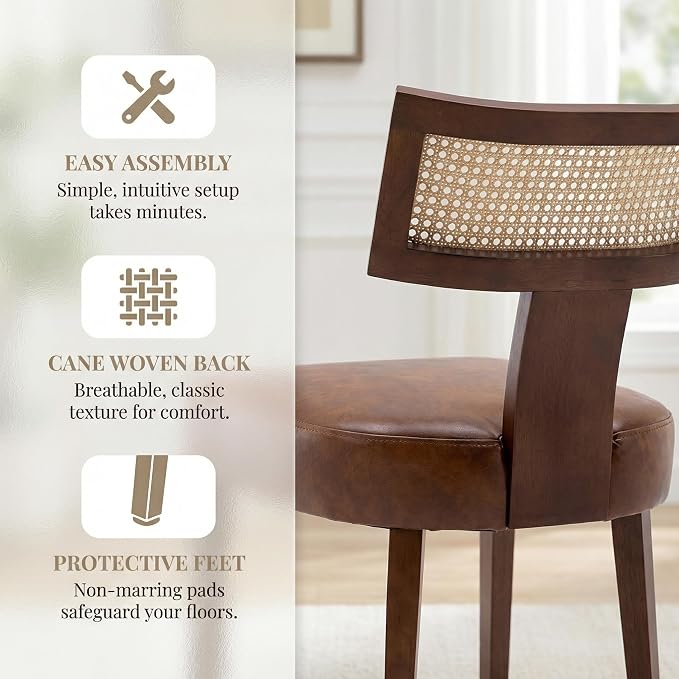 HNY Mid Century Modern Rattan Dining Chairs Set of 2, Farmhouse PU Leather - Image 5