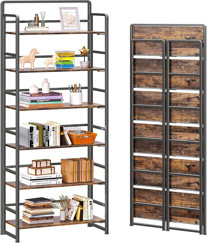 4NM No Assembly 6 Tiers Folding Bookshelf Storage Shelves Vintage Bookcase by 4NM