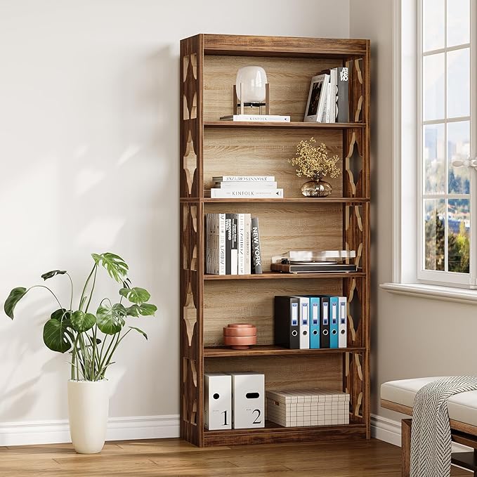 LITTLE TREE 69.9" Vintage Bookshelf, 5-Tier Tall Bookshelves, Cutout Design - Image 3