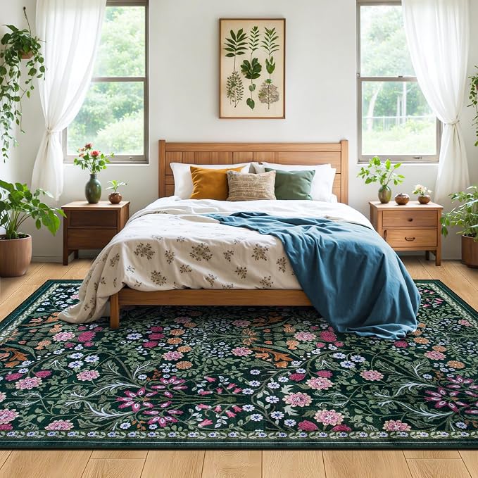 Area Rugs 9x12 Living Room: Floral Washable Rug Vintage Large Soft Boho - Image 3