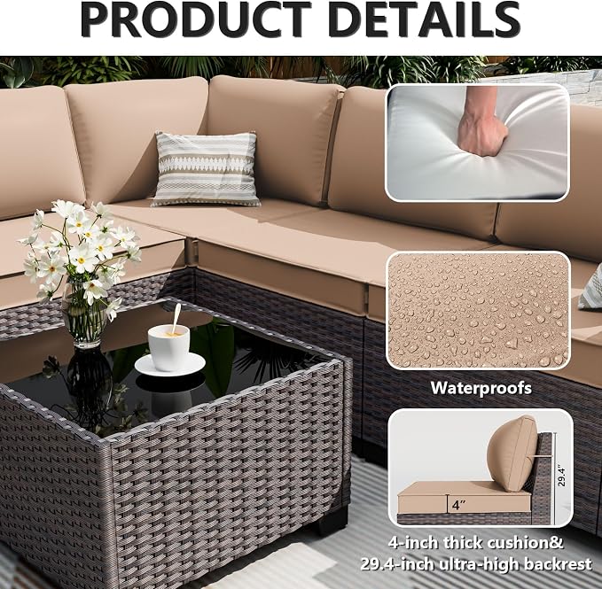 ALAULM 12 Pieces Outdoor Patio Furniture Set Sectional Sofa Sets Brown PE - Image 4