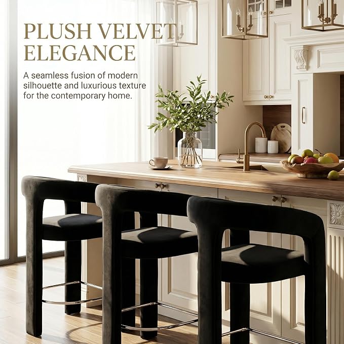 HNY 26 Inch Modern Tall Barrel Bar Stools Set of 2, Velvet Upholstered Barstools - Image 3