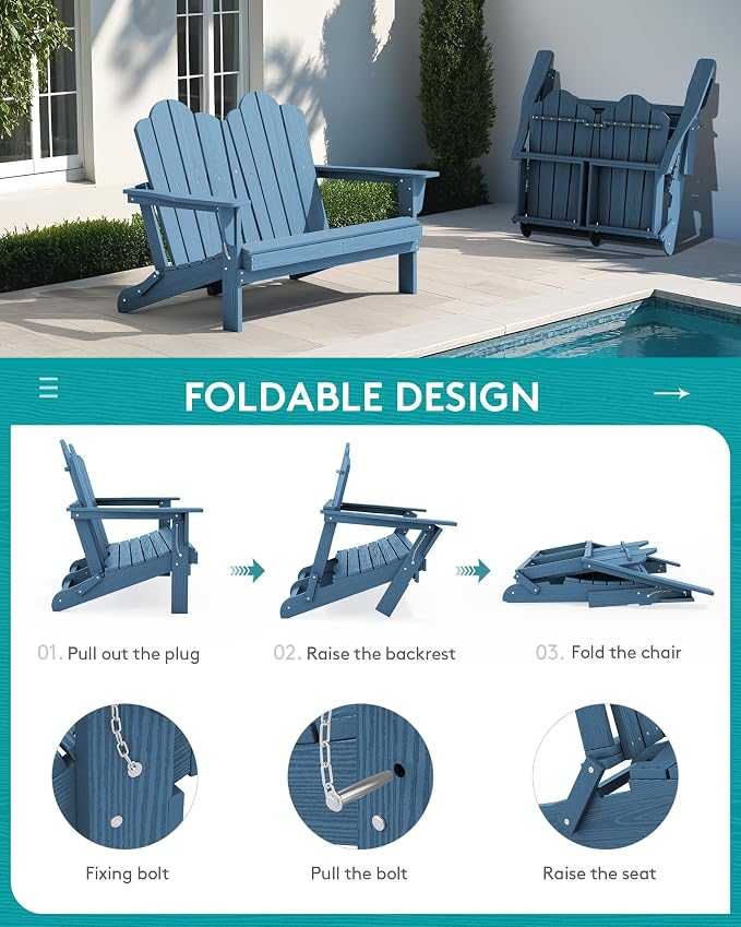 SERWALL Folding Adirondack Bench, HDPE All-Weather Adirondack Loveseat Set of 2 - Image 5