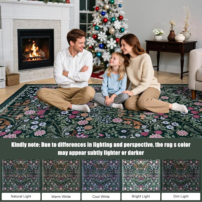 Round Area Rug for Living Room: 4 ft Floral Washable Circle Rug Soft Boho - Image 9