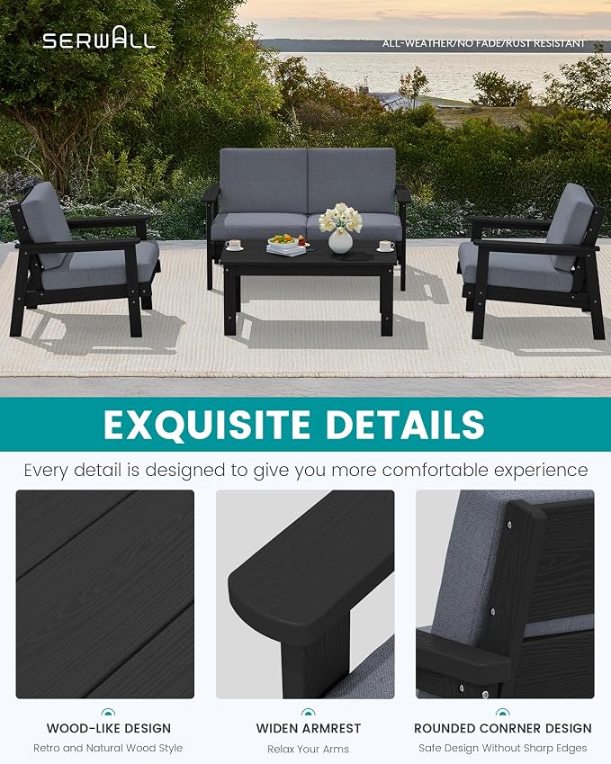 SERWALL HDPE Patio Furniture Set, 5 Piece All Weather Wood-Like Sectional - Image 3