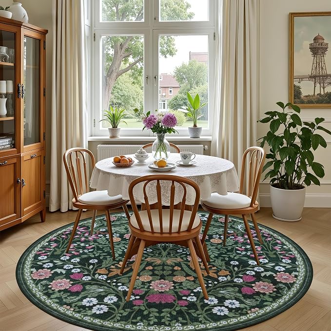 Round Area Rug for Living Room: 4 ft Floral Washable Circle Rug Soft Boho - Image 4