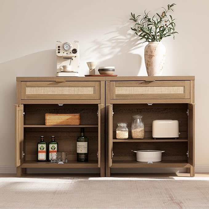 SICOTAS Sideboard Buffet Cabinet Set of 3, Rattan Credenza Storage Cabinet - Image 7
