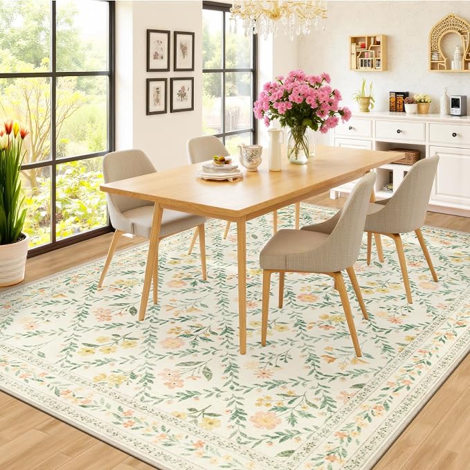 Area Rug Living Room Rugs: Floral 5x7 Washable Rug Vintage Soft Boho Non-Slip - Image 4