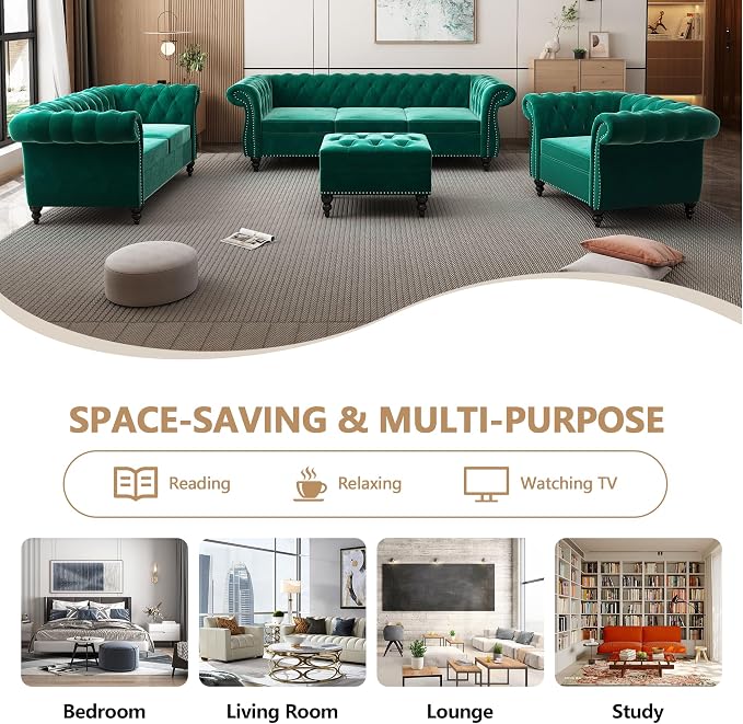 QHITTY 3 Piece Living Room Set, Sectional Chesterfield Sofa Chair Contemporary - Image 6