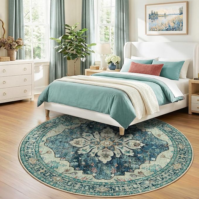 RELEANY Area Rugs Round 8ft Washable Non-Slip, Floral Vintage Distress Print - Image 3