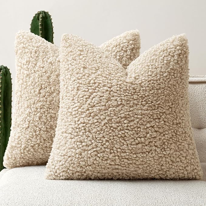 Faux Fur Throw Pillow Covers 20x20 Inch Set of 2 Boucle Neutral Decorative by Woaboy