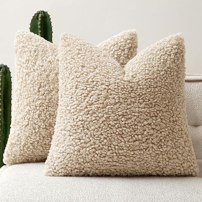 Faux Fur Throw Pillow Covers 20x20 Inch Set of 2 Boucle Neutral Decorative - Image 8