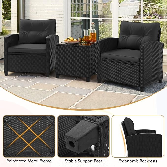 HAPPYGRILL 3 Pieces Wicker Patio Conversation Set, PE Rattan Bistro Sofa Set - Image 7