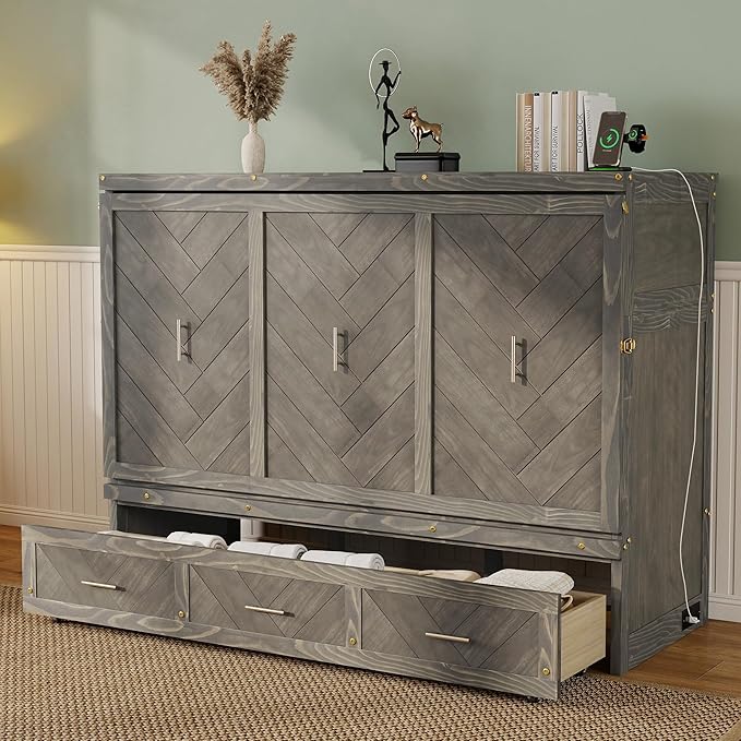KEIKI Queen Murphy Bed Cabinet Charging Station & Geometrical Panel, Pine Wood - Image 3